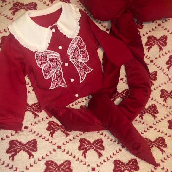 Holiday SALE Just in Beautiful Red Bow baby girl top with ruffled collar - Picture 2 of 5